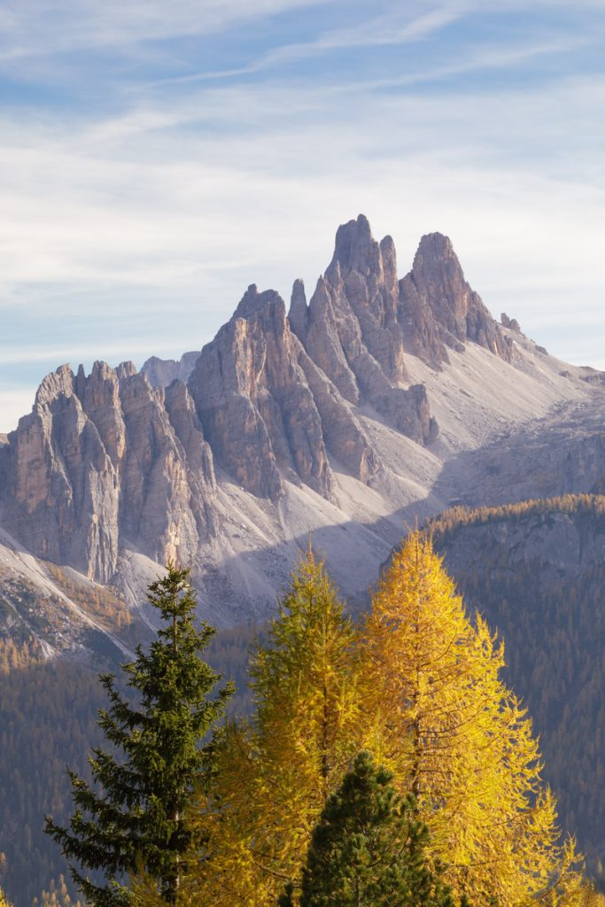 The jagged spires of Croda da Lago in the Dolomites,Italy.