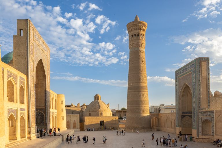 Looking out onto the Poi Kalyon Square in Bukhara’s old town, Uzbekistan.