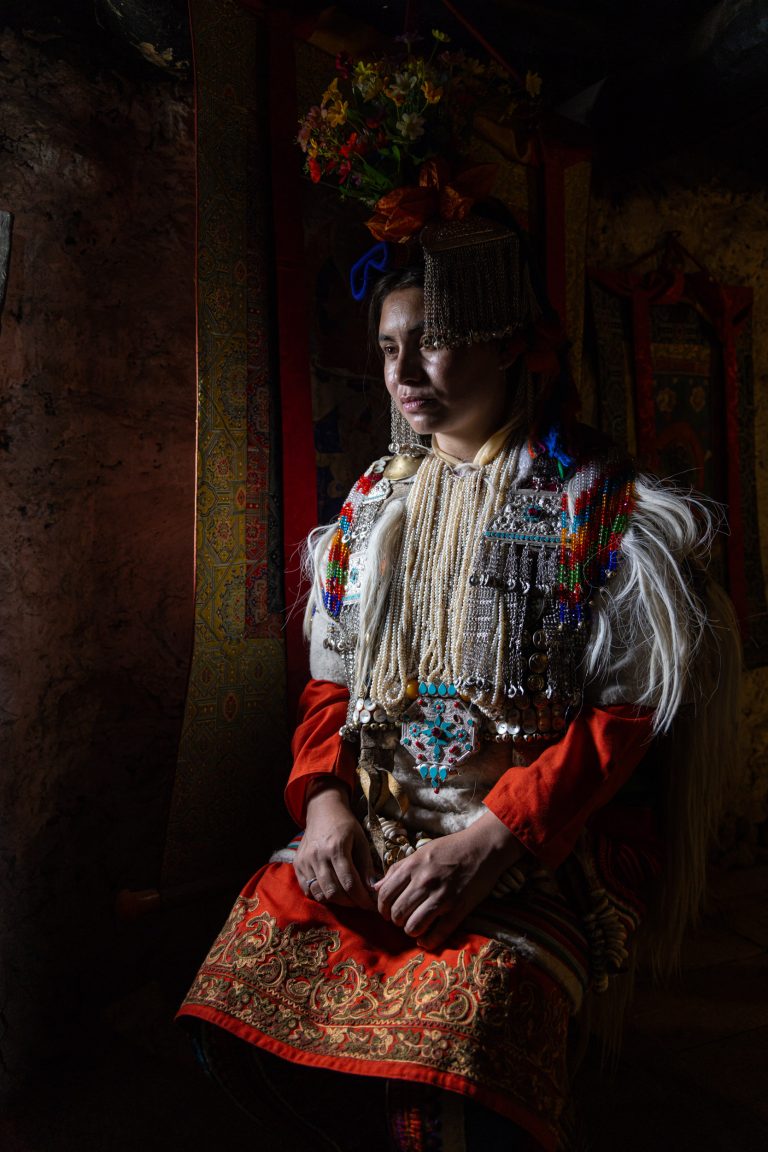 A woman from the Brokpa Tribe in the Aryan Valley of Ladakh in Northern India.