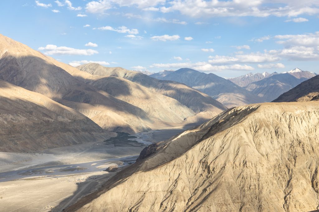 The Shyok river winds its way through the high mountains surrounding the Nubra Valley in Ladakh, India.