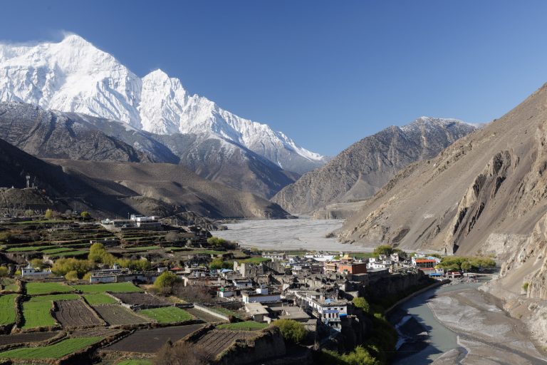 The Kali Gandaki river valley in the district of Mustang leading to Kagbeni. Standing at an elevation of around 2800m, the village of Kagbeni is said to be one of the oldest villages in the Himalayas. In the background can be seen the Nilgiri Himal mountain range. Part of the Annapurna massif, Nilgiri Himal is composed of three peaks with the highest standing at 7061m.