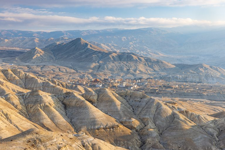 The wild and desolate landscape of Upper Mustang near to Lo Manthang in northern Nepal.