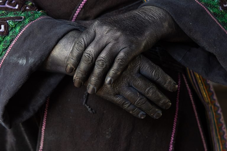 Deep blue dyed hands of a woman from the Black Hmong minoirity tribe in northern Vietnam.