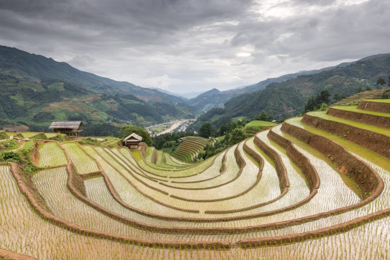 The stunning rice terraces of Mu Cang Chai during watering season in Yen Bai province, Vietnam.